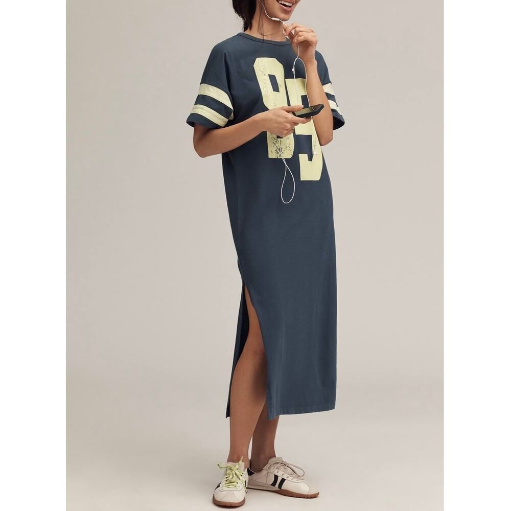 Anthropologie Daily Practice Graphic T-Shirt Midi Dress Navy Yellow Size M NWT